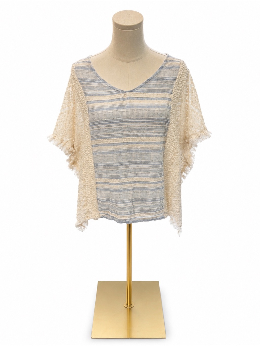 Easel Oversized Boho Poncho Top Small Blue Ivory 100% Cotton Crochet Fringe